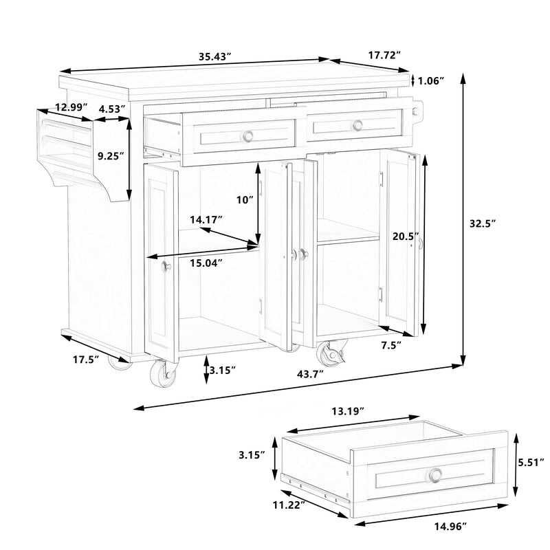 Kitchen Island Cart with TwoStorage Cabinets and Two Locking Wheels，43.31 Inch Width，4 Door Cabinet and Two Drawers，Spice Rack, Towel Rack （White） - Urban Living Furniture (Los Angeles, CA)