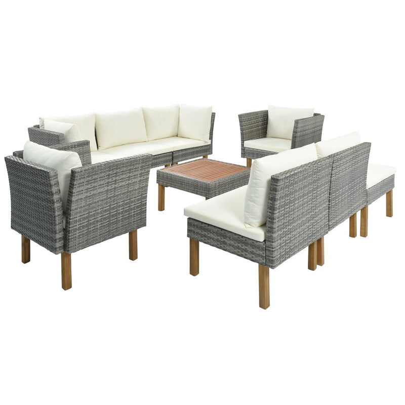 9-Piece Outdoor Patio Garden Wicker Sofa Set, Gray PE Rattan Sofa Set, with Wood Legs, Acacia Wood Tabletop, Armrest Chairs with Beige Cushions - Urban Living Furniture (Los Angeles, CA)