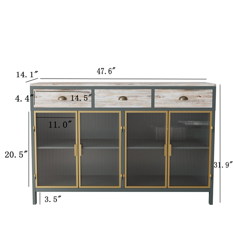 48"  Wide 4 Glass DoorsModern Sideboard with 3 Top Drawers, Freestanding SideboardStorage Cabinet Entryway Floor Cabinet for Living Room Office Bedroom