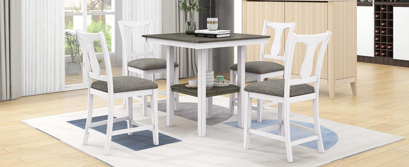 Farmhouse 5-Piece Wood Counter Height Dining Table Set withStorage Shelf, Square Table and 4 Upholstered Chairs for Small Space, Antique White