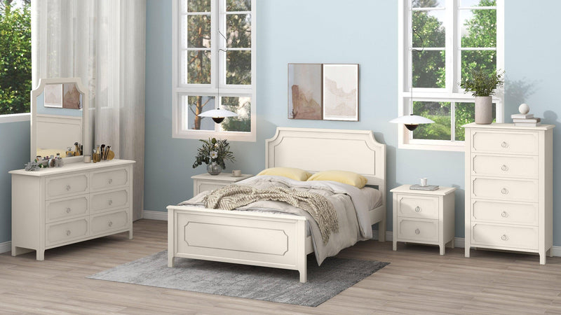 6 Pieces Bedroom Sets Milky White Solid Rubber Wood Full Size Platform Bed with Nightstand*2, Chest, Mirror and Dresser