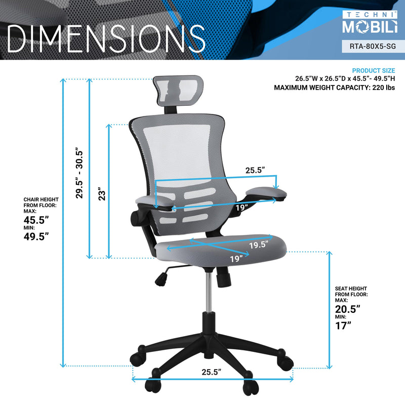 Techni MobiliModern High-Back Mesh Executive Office Chair with Headrest and Flip-Up Arms, Silver Grey