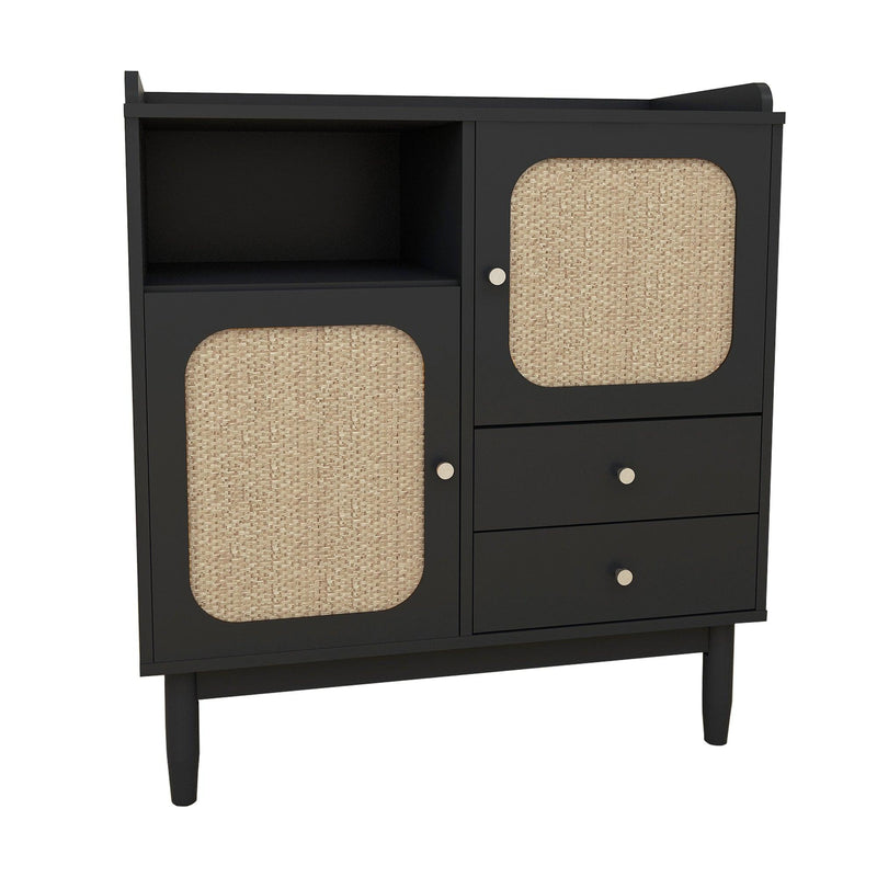 Sideboard Cabinet Display BuffetStorage Cabinet with 2 Woven Cane Doors，2 Drawers and 1Storage Shelf-black