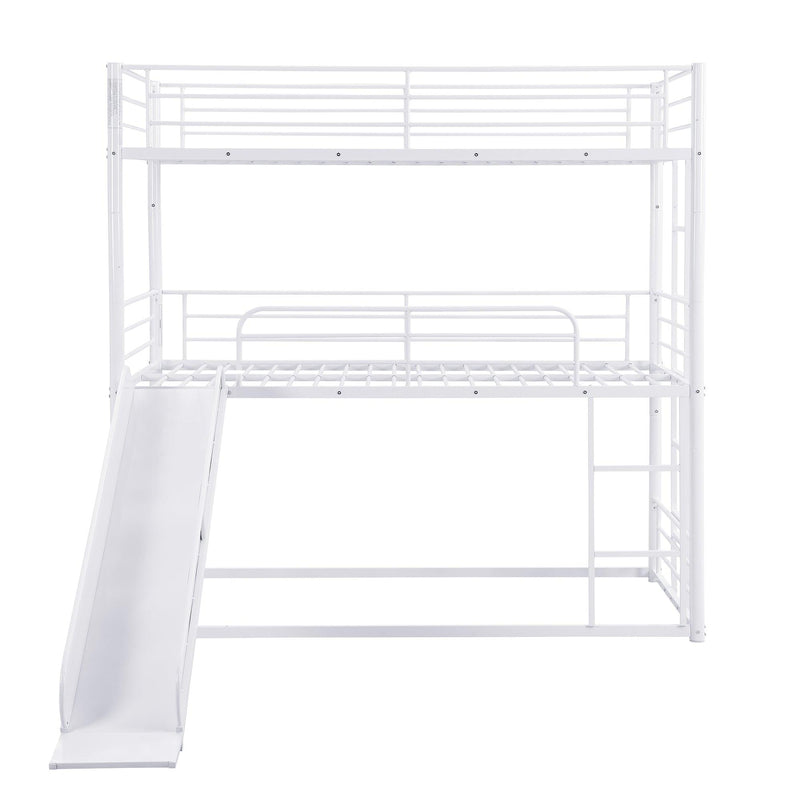 Twin Size Metal Bunk Bed with Ladders and Slide, Divided into Platform and Loft Bed, White