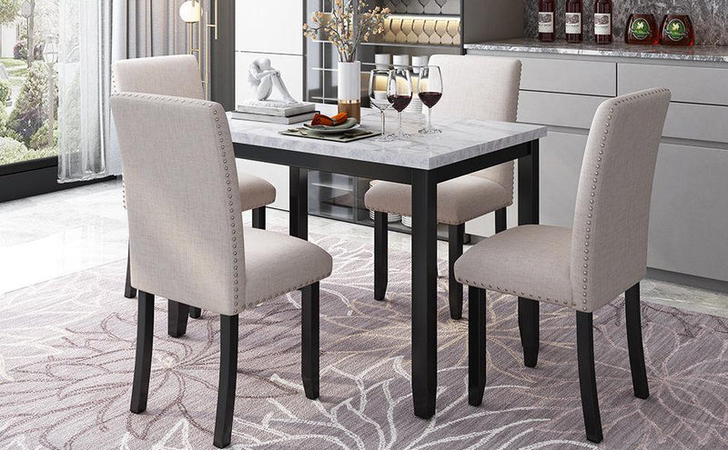 Faux Marble 5-Piece Dining Set Table with 4 Thicken Cushion Dining Chairs Home Furniture, White/Beige+Black - Urban Living Furniture (Los Angeles, CA)