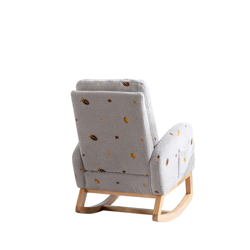 26.8"WModern Rocking Chair for Nursery, Mid Century Accent Rocker Armchair With Side Pocket, Upholstered High Back Wooden Rocking Chair for Living Room Baby Kids Room Bedroom, Light Gray Boucle