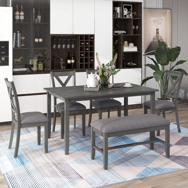 6-Piece Kitchen Dining Table Set Wooden Rectangular Dining Table, 4 Fabric Chairs and Bench Family Furniture (Gray) - Urban Living Furniture (Los Angeles, CA)