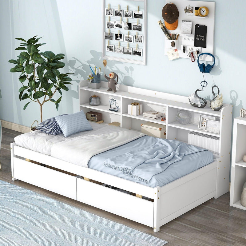 Twin Bed with Side Bookcase, Drawers,White