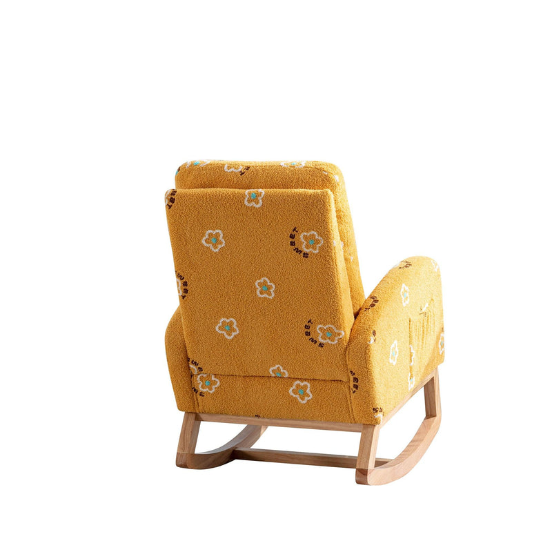 26.8"WModern Rocking Chair for Nursery, Mid Century Accent Rocker Armchair With Side Pocket, Upholstered High Back Wooden Rocking Chair for Living Room Baby Kids Room Bedroom, Mustard Boucle