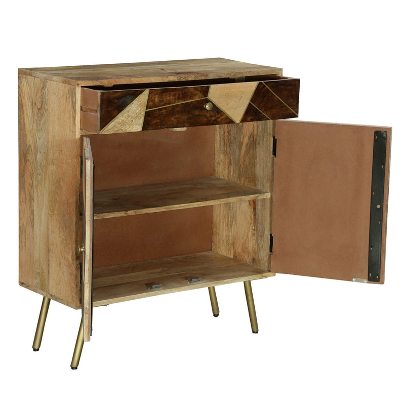 Brita 36 Inch ManWood Nightstand Side Table Cabinet, 2 Doors, Geometric Inlaid Design, Brown, Gold