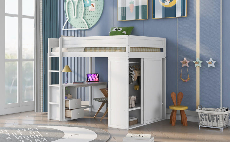 Wood Full Size Loft Bed with Wardrobes and 2-Drawer Desk with Cabinet, White - Urban Living Furniture (Los Angeles, CA)