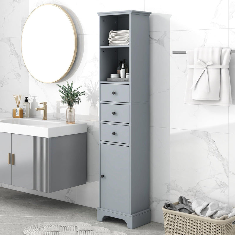 Grey Tall Bathroom Cabinet, FreestandingStorage Cabinet with 3 Drawers and Adjustable Shelf, MDF Board with Painted Finish - Urban Living Furniture (Los Angeles, CA)