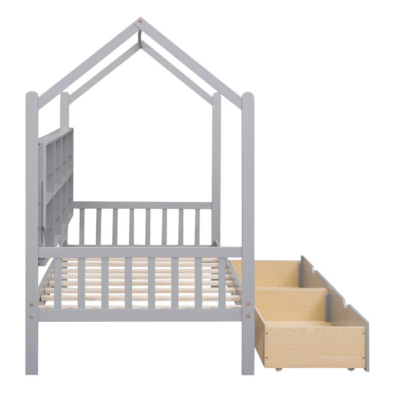 Wooden Twin Size House Bed with 2 Drawers,Kids Bed withStorage Shelf, Gray - Urban Living Furniture (Los Angeles, CA)