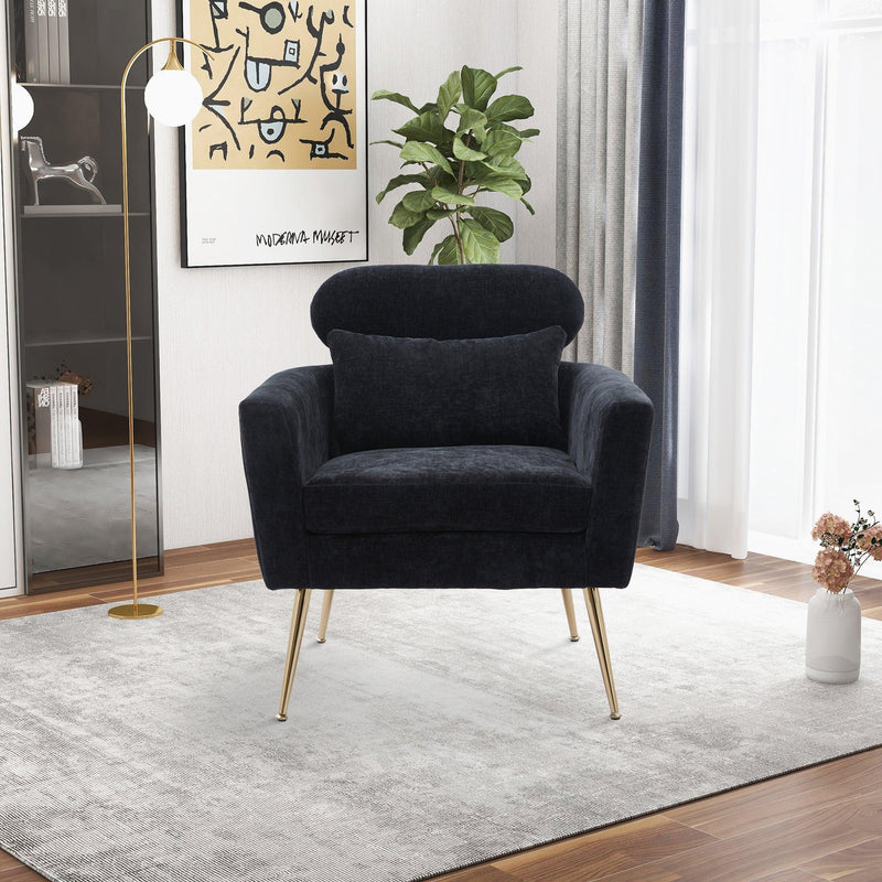 29.5"WModern Chenille Accent Chair Armchair Upholstered Reading Chair Single Sofa Leisure Club Chair with Gold Metal Leg and Throw Pillow for Living Room Bedroom Dorm Room Office, Black Chenille - Urban Living Furniture (Los Angeles, CA)