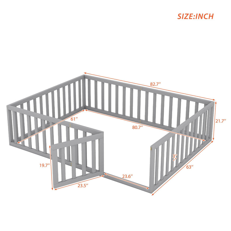 Queen Size Wood Floor Bed Frame with Fence and Door, Gray