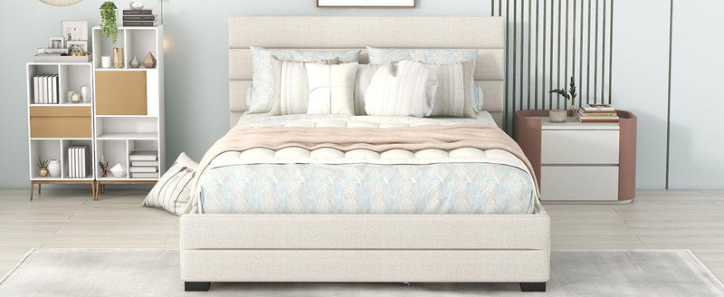 Queen Upholstered Platform Bed with Twin Size Trundle and Two Drawers, Beige - Urban Living Furniture (Los Angeles, CA)