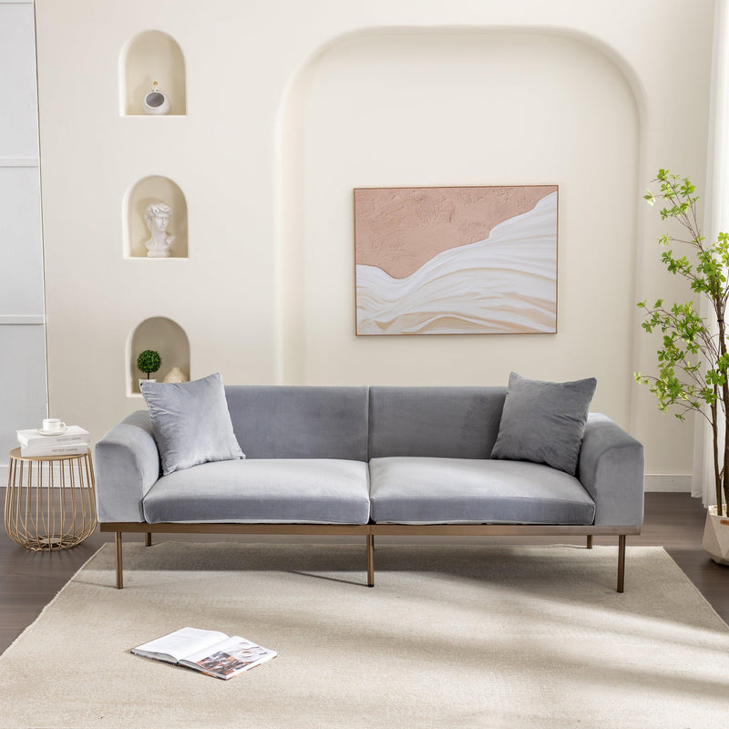 Modern Velvet Sofa with Metal Legs,Loveseat Sofa Couch with Two Pillows for Living Room and Bedroom,Grey