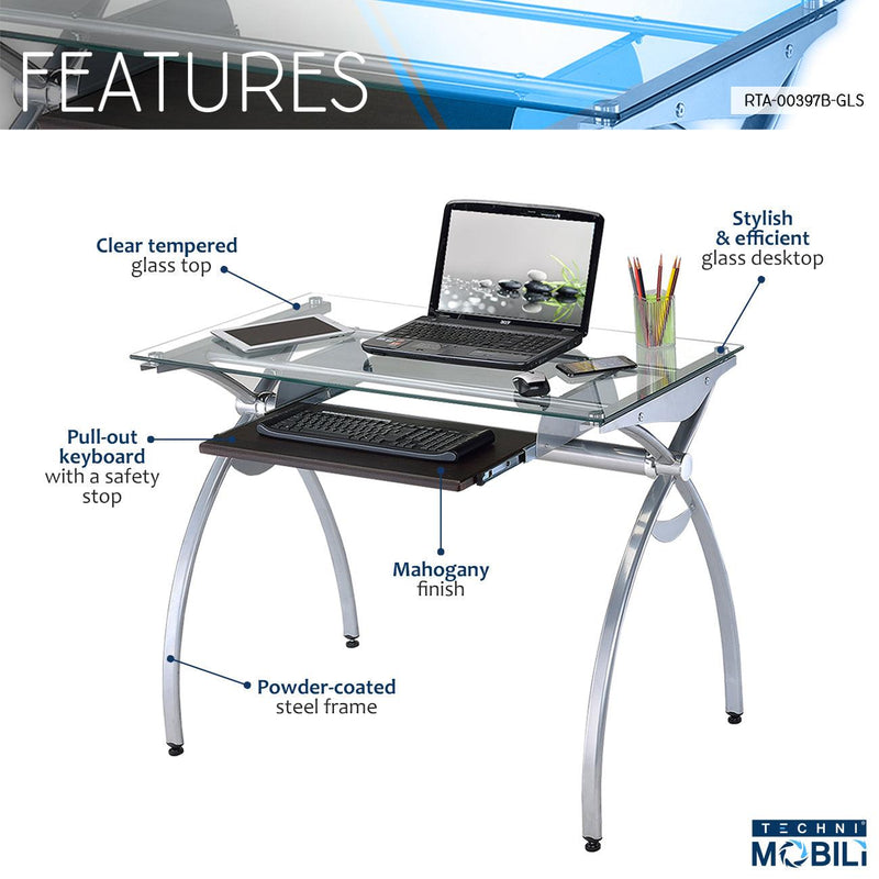 Techni Mobili Contempo Clear Glass Top Computer Desk with Pull Out Keyboard Panel, Clear - Urban Living Furniture (Los Angeles, CA)