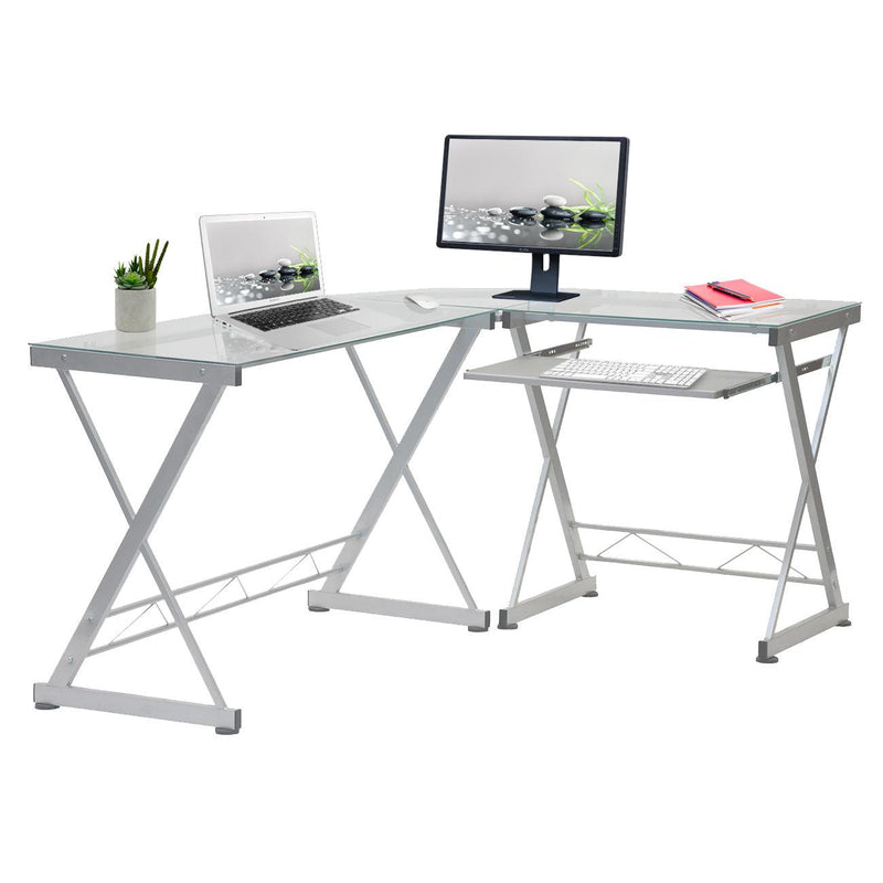 Techni Mobili L-Shaped Tempered Glass Top Computer Desk with Pull Out Keyboard Panel, Clear - Urban Living Furniture (Los Angeles, CA)