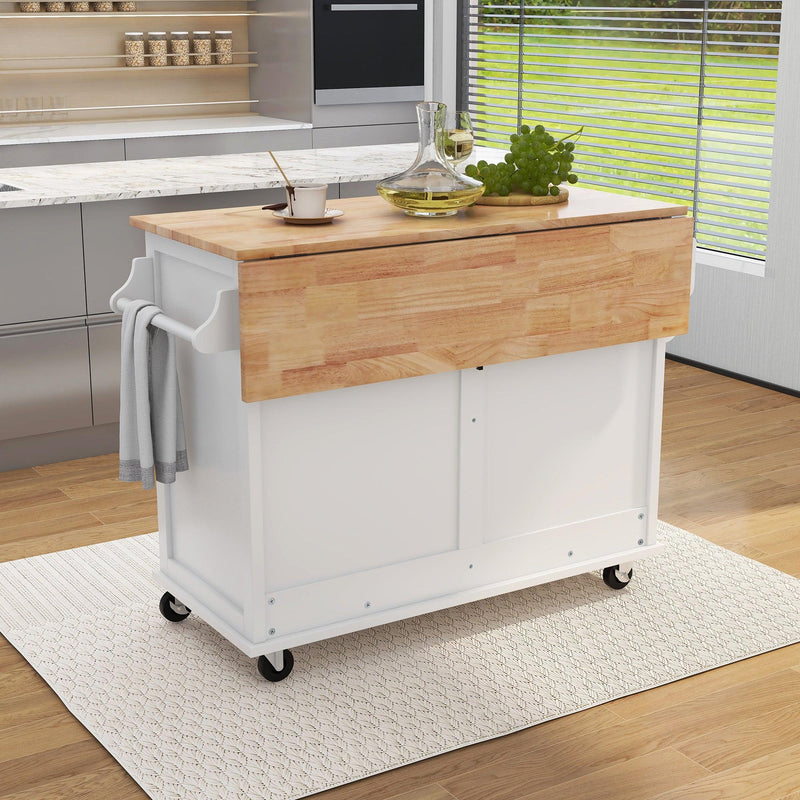 Kitchen Cart with Rubber wood Drop-Leaf Countertop, Concealed sliding barn door adjustable height,Kitchen Island on 4 Wheels withStorage Cabinet and 2 Drawers,L52.2xW30.5xH36.6 inch, White - Urban Living Furniture (Los Angeles, CA)