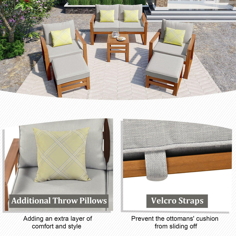 Outdoor Patio Wood 6-Piece Conversation Set, Sectional Garden Seating Groups Chat Set with Ottomans and Cushions for Backyard, Poolside, Balcony, Grey - Urban Living Furniture (Los Angeles, CA)