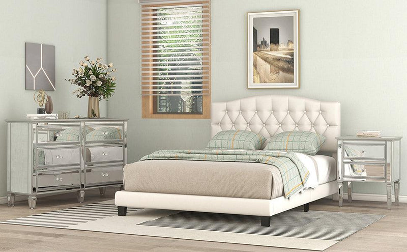 Upholstered Platform Bed with Saddle Curved Headboard and Diamond Tufted Details, Queen, Beige - Urban Living Furniture (Los Angeles, CA)