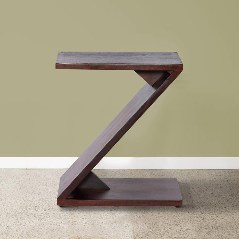 24 Inch Rectangular ManWood Side Table, Z Shaped Frame, Dark Brown