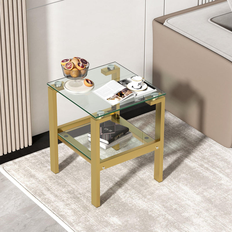 2-Piece Gold+Clear Glass Side & End Table withStorage Shelve, Night Stand/Sofa Table Bedroom Corner Table - Urban Living Furniture (Los Angeles, CA)