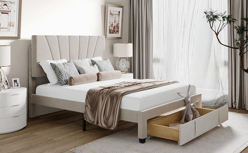 Queen SizeStorage Bed Velvet Upholstered Platform Bed with a Big Drawer - Beige - Urban Living Furniture (Los Angeles, CA)