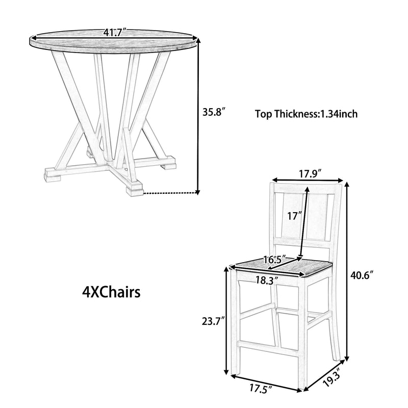 Rustic Farmhouse 5-Piece Counter Height Dining Table Set, Round Kitchen set with 4 Dining Chairs and Thick Tabletop, Brown - Urban Living Furniture (Los Angeles, CA)