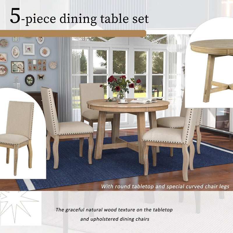 5-Piece Farmhouse Dining Table Set Wood Round Extendable Dining Table and 4 Upholstered Dining Chairs (Natural Wood Wash) - Urban Living Furniture (Los Angeles, CA)