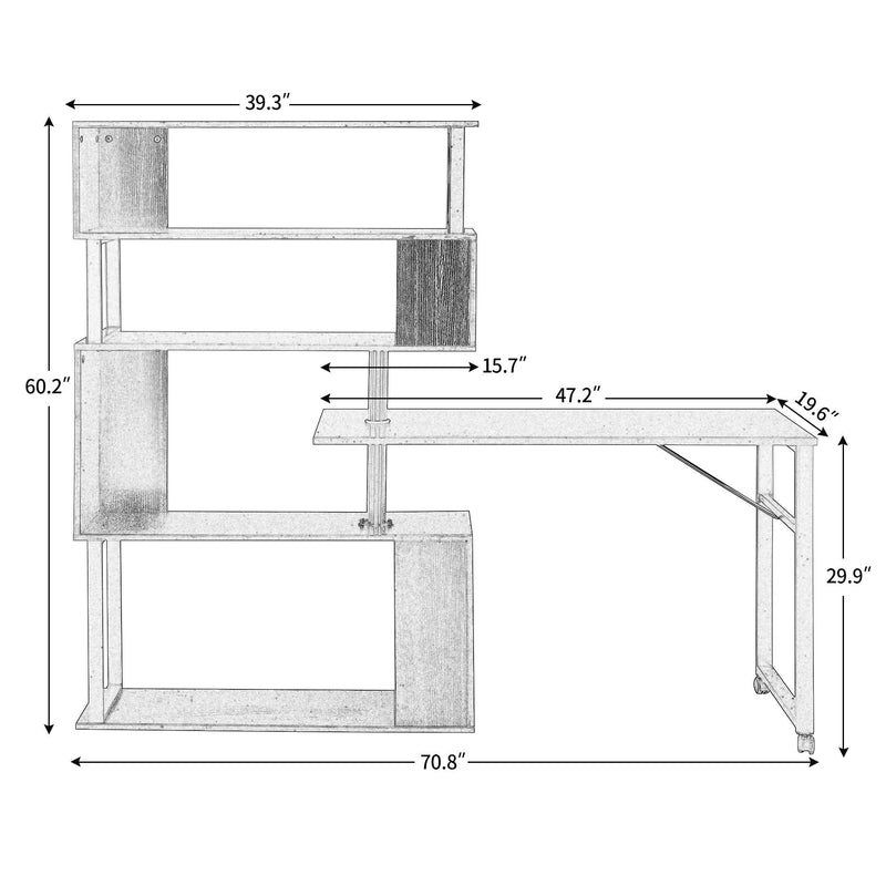 Home Office Computer Desk L-Shaped Corner Table, Rotating Computer Table with 5-Tier Bookshelf, Four Installation Methods, Lockable Casters (Tiger)