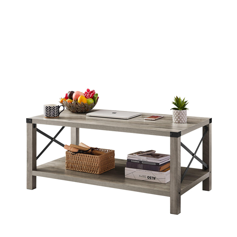 2-TierModern Farmhouse Coffee Table, Wood Rectangle Cocktail Table with Metal X- Frame (Gray, 40.94" w x 21.65" d x 17.91" h)