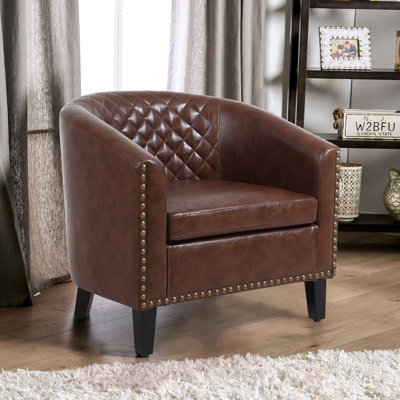 accent Barrel chair living room chair with nailheads and solid wood legs  Brown pu leather - Urban Living Furniture (Los Angeles, CA)