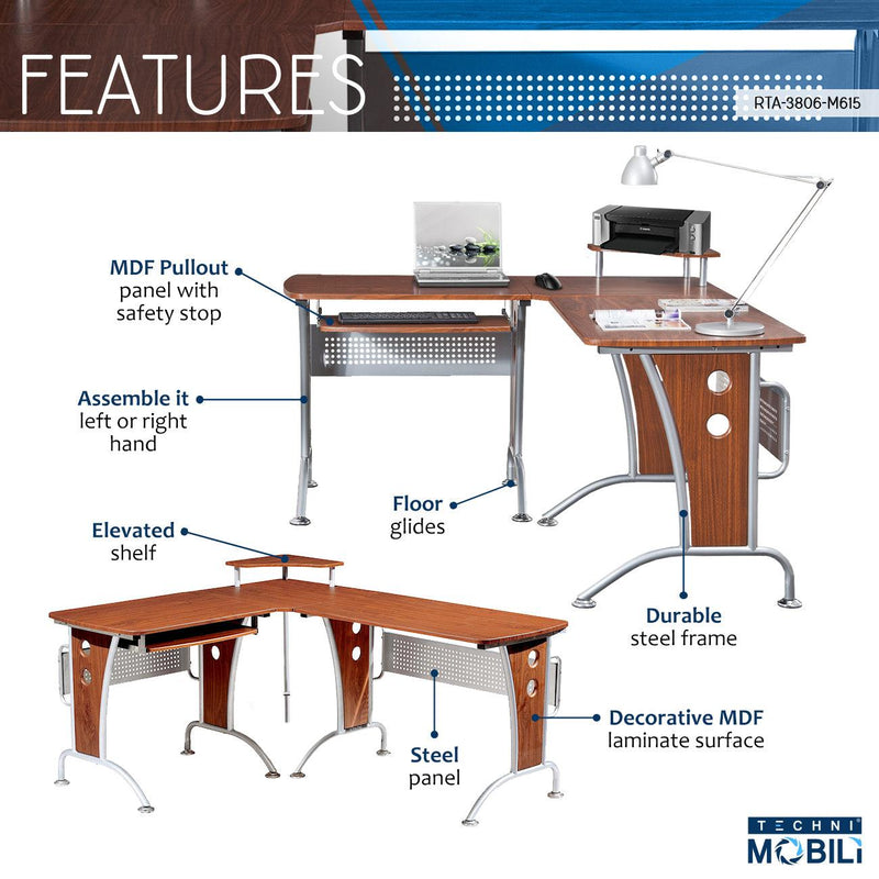 Techni Mobili Deluxe L-Shaped Computer Desk With Pull Out Keyboard Panel, Mahogany - Urban Living Furniture (Los Angeles, CA)