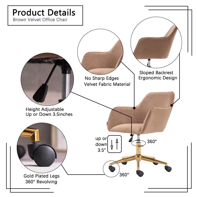Modern Velvet Fabric Material Adjustable Height 360 revolving Home Office Chair with Gold Metal Legs and Universal Wheels for Indoor,Light Coffee Brown