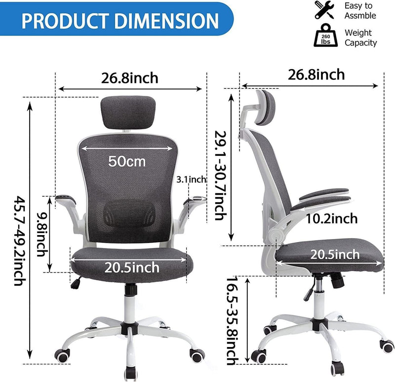 Office Chair Mesh High Back Computer Chair Height Adjustable Swivel Desk Chairs with Wheels,Adjustable Armrest Backrest Headrest,Grey - Urban Living Furniture (Los Angeles, CA)