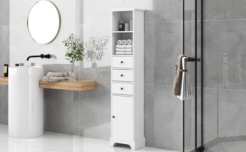 White Tall Bathroom Cabinet, FreestandingStorage Cabinet with 3 Drawers and Adjustable Shelf, MDF Board with Painted Finish - Urban Living Furniture (Los Angeles, CA)