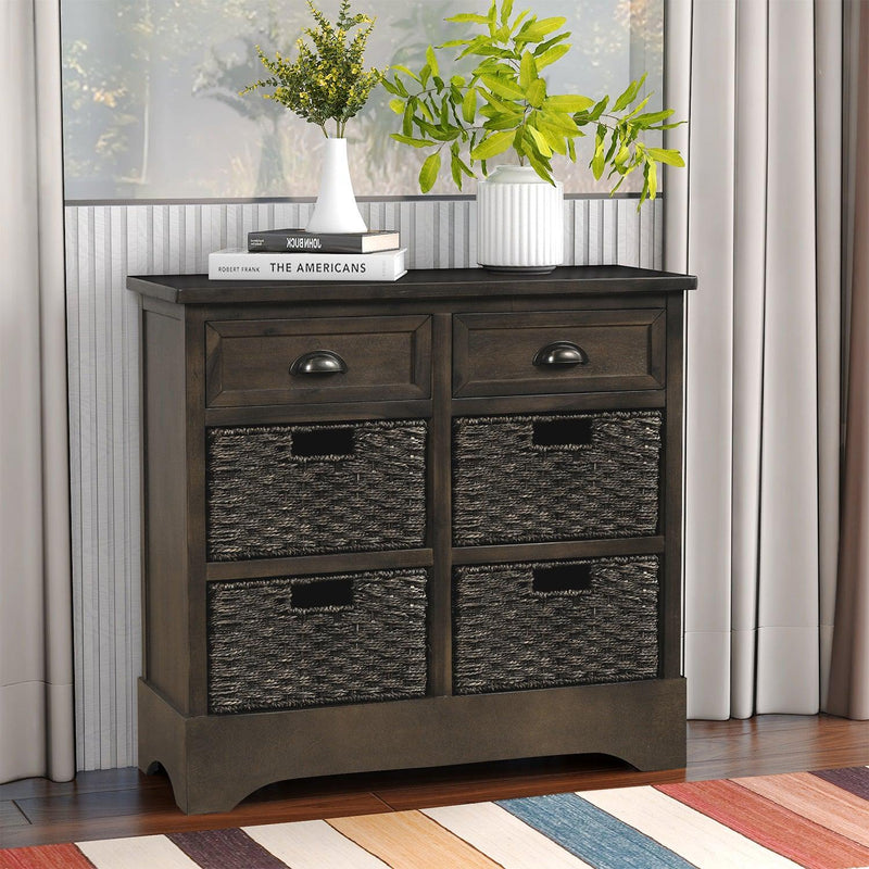 RusticStorage Cabinet with Two Drawers and Four  Classic Rattan Basket for Dining Room/Living Room (Brown Gray) - Urban Living Furniture (Los Angeles, CA)