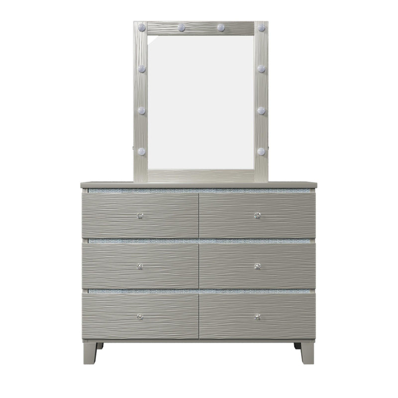 Champagne Silver Rubber Wood Dresser & Mirror with 6 Drawers Metal Slides Crystal Handle LED Lights Mirror