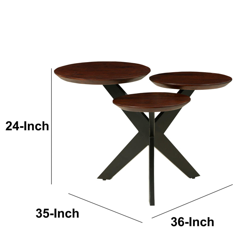 Modern Coffee Table with 3 Tier Wooden Top and Boomerang Legs, Brown and Black