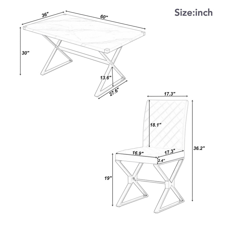 7-PieceModern Dining Table Set, Rectangular Marble Texture Kitchen Table and 6 PU leather Chairs with X-Shaped Gold Steel Pipe Legs for Dining Room (White)