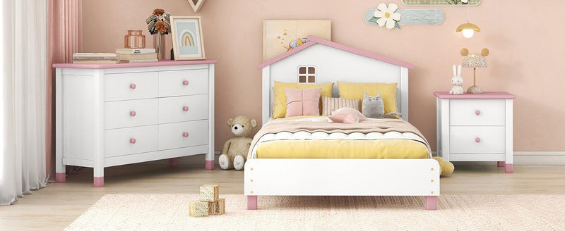 3-Pieces Bedroom Sets Twin Size Platform Bed with Nightstand andStorage dresser,White+Pink