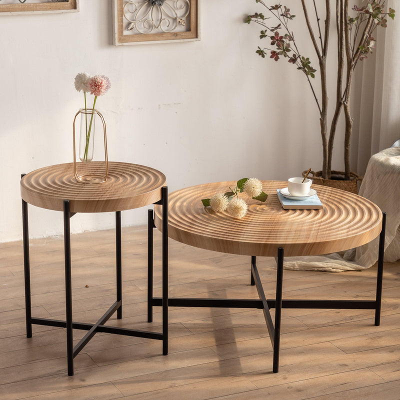 Modern  Thread Design Round Coffee Table ,  MDF  Table Top with Cross Legs Metal Base(Two-piece Set) - Urban Living Furniture (Los Angeles, CA)