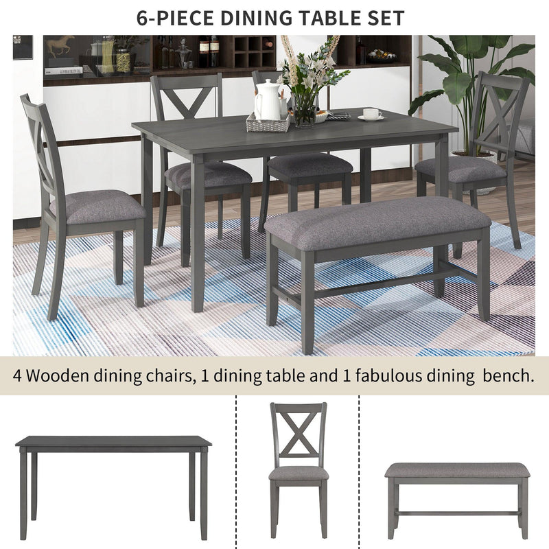 6-Piece Kitchen Dining Table Set Wooden Rectangular Dining Table, 4 Fabric Chairs and Bench Family Furniture (Gray) - Urban Living Furniture (Los Angeles, CA)