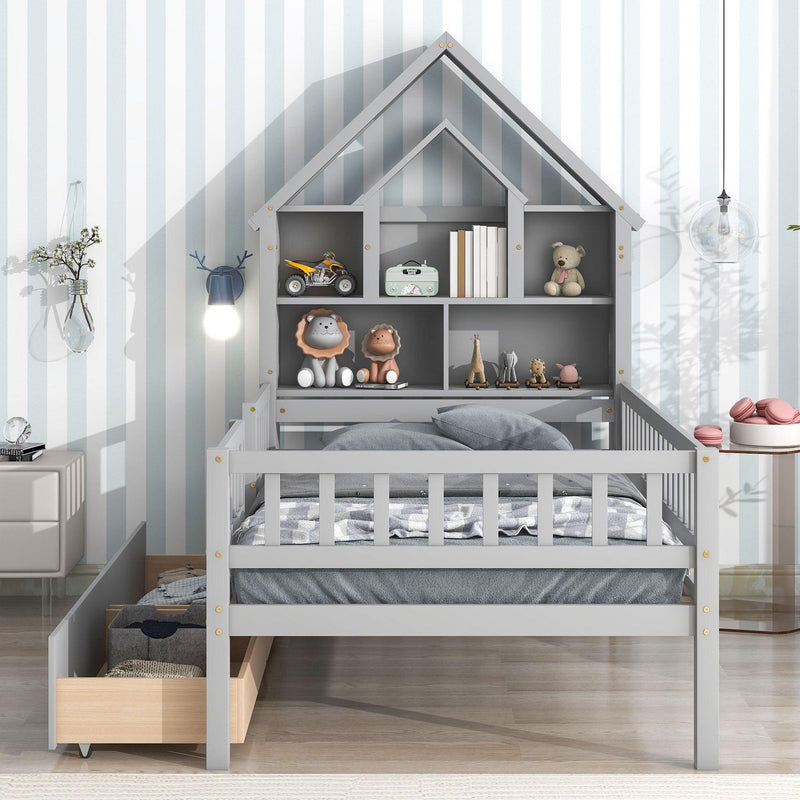 Twin Size House-Shaped Headboard Bed with Fence Guardrails and Drawers ,Gray - Urban Living Furniture (Los Angeles, CA)