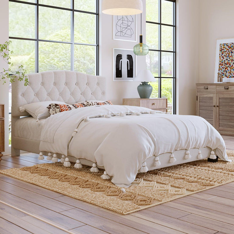 Upholstered Platform Bed with Saddle Curved Headboard and Diamond Tufted Details, Queen, Beige - Urban Living Furniture (Los Angeles, CA)