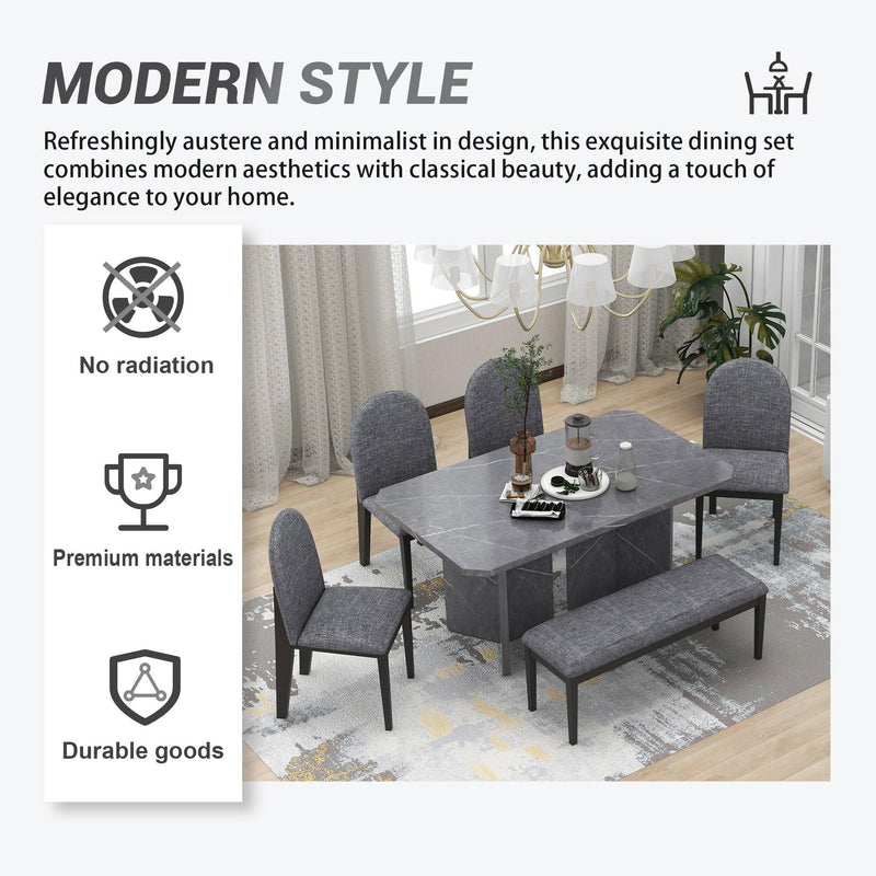 6-PieceModern Style Dining Set with Faux Marble Table and 4 Upholstered Dining Chairs & 1 Bench (Gray)