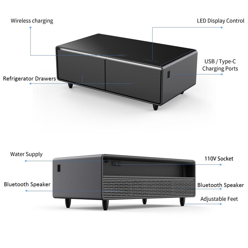 Modern Smart Coffee Table with Built-in Fridge, Bluetooth Speaker, Wireless Charging Module, Touch Control Panel, Power Socket, USB Interface, Outlet Protection, Atmosphere light, and More - Urban Living Furniture (Los Angeles, CA)