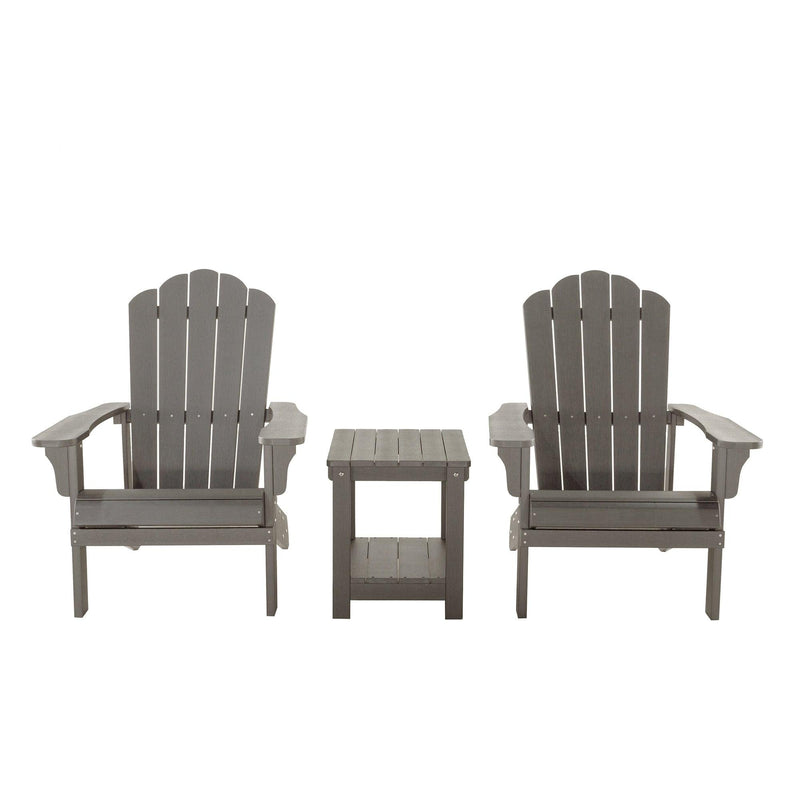 Key West 3 Piece Outdoor Patio All-Weather Plastic Wood Adirondack Bistro Set, 2 Adirondack chairs, and 1 small, side, end table set for Deck, Backyards, Garden, Lawns, Poolside, and Beaches, Grey